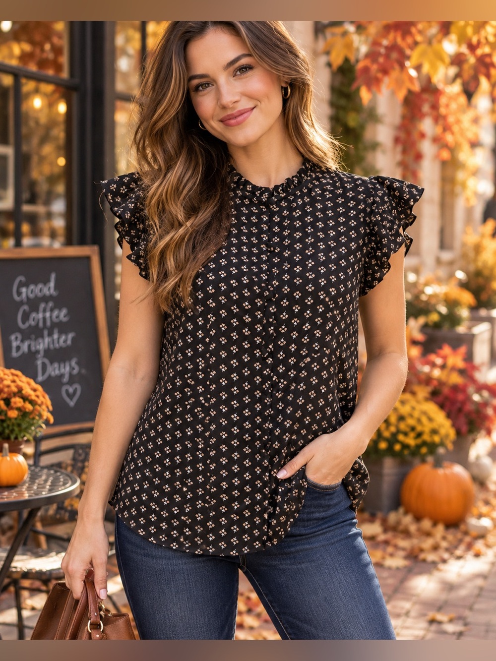 Ann Taylor Black Floral Ruffle Sleeve Blouse Size Large